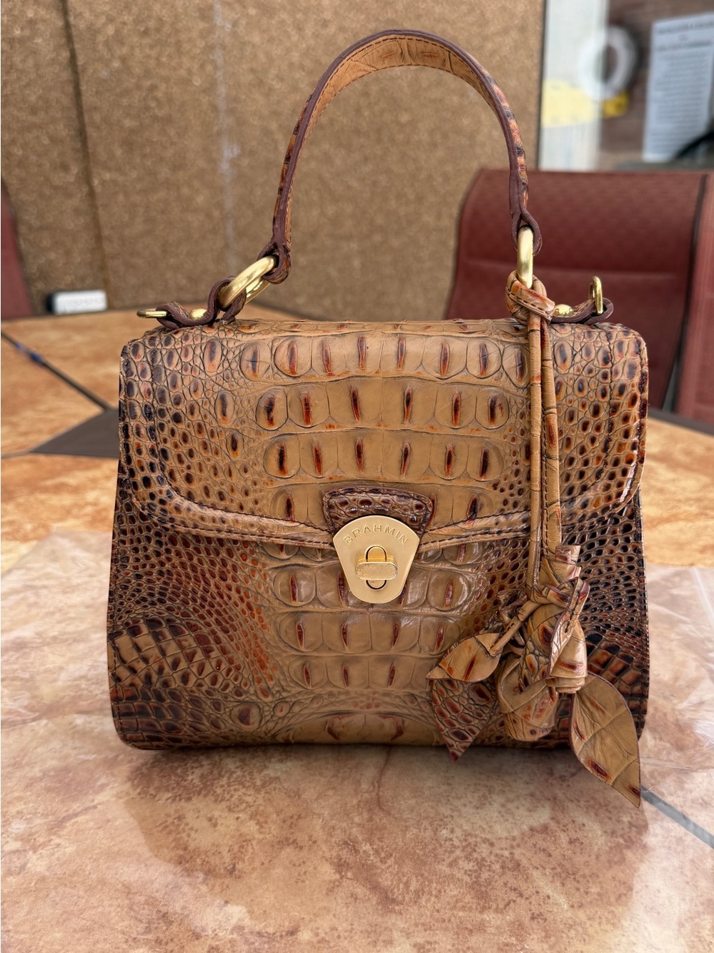 RARE Vtg Brahmin Lady Vittoria Rose Satchel Pecan Leather Strap RoseTassels EUC
